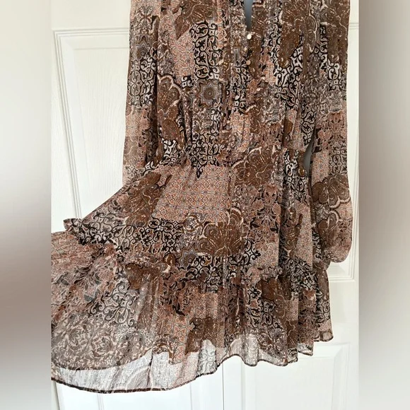House Of Harlow 1960 Dress Boho Long Sleeve Mini Dress Brown Gold Sparkle size 8 - Picture 12 of 16